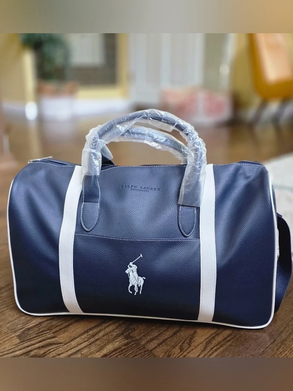 Ralph Lauren Navy and White Vegan Leather Duffel
